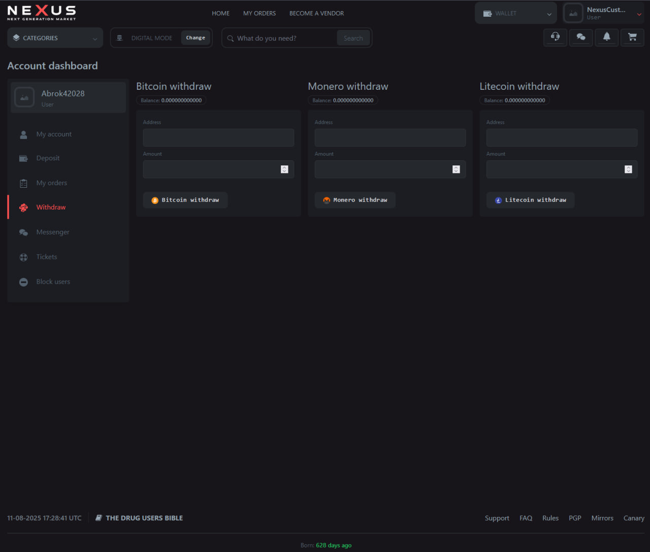 Nexus Market mirror rotation — sample panel showing the trusted Nexus Marketplace mirror list and PGP verification process